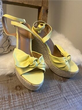 Yellow soft leather Knot Espadrille Wedge Sandals with Ankle Strap - Women